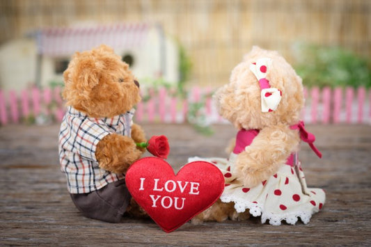 Image of two teddy bears in love with a red love heart between them saying "I love you" - Tim Downer Celebrant